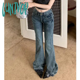 Lunivop Vintage Blue Flare Jeans Woman America Retro Y2K Straight Denim Pants High Waist Office